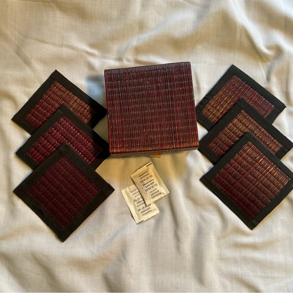 Elegant Burgundy Woven Bamboo and Black Fabric (6) piece Boxed 4” Coaster Set